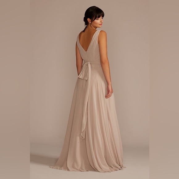 David’s Bridal long chiffon surplice tank bridesmaid dress in color Desert Coral - Picture 5 of 5